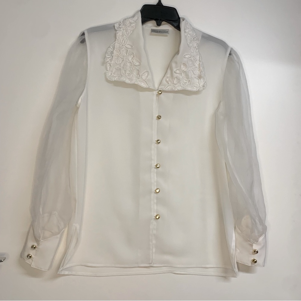 Vintage Your 6th Sense - White Sheer Blouse W/lace Collar Detail Euro38